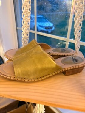 Söfft (since1927) Women's Slide Mules in Olive/Gold Leather.Cushioned heel